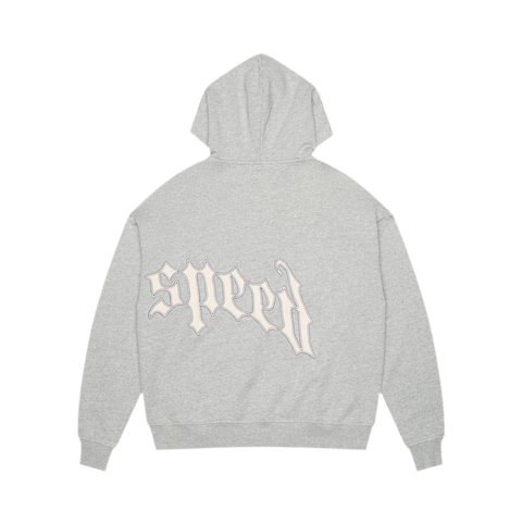 Gray hoodie with 'speed' text on the back against a white background