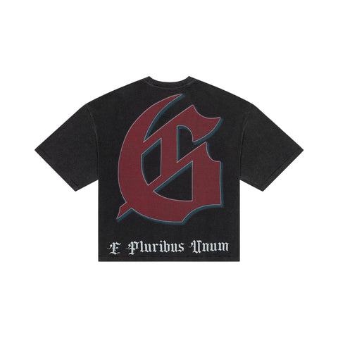 Black t-shirt with a large red and white logo on a light gray background