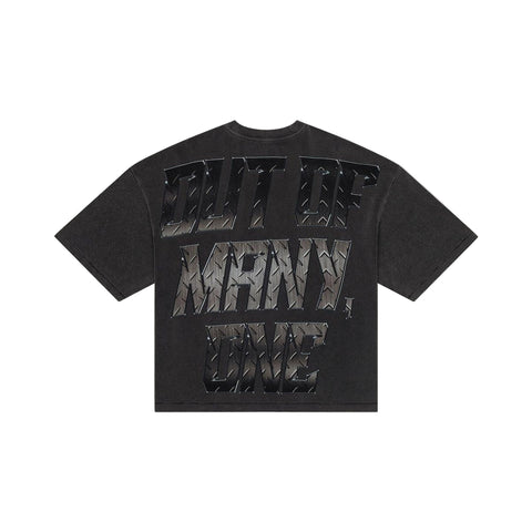 Black t-shirt with text on the back on a light gray background