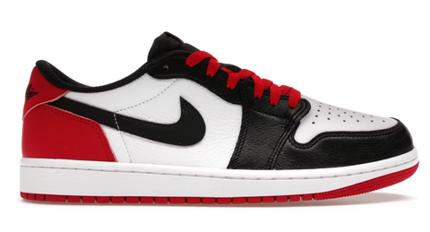 Black, red, and white sneaker with Nike logo on a white background