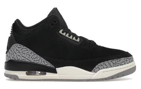 Black Jordan 3 sneaker with gray and white accents on a white background