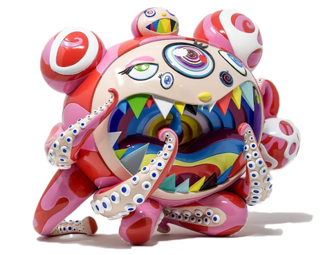 Colorful abstract mr dob takashi murakami sculpture with multiple eyes and tentacles on a white background