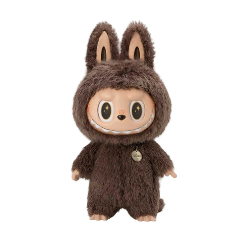 Plush toy in a brown bunny costume with a white background