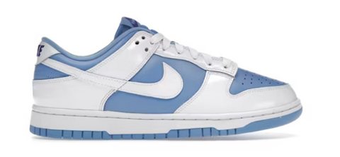 White and blue sneaker with a prominent logo on a white background