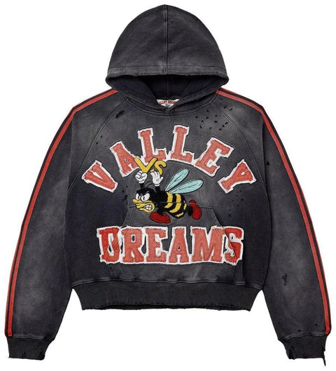 Black hoodie with 'Valley Dreams' text and cartoon bee design on a white background