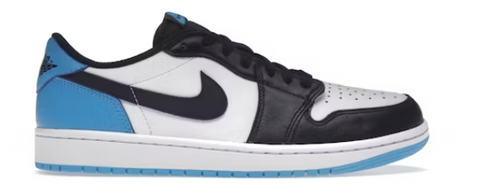 Black and white sneaker with blue accents on a white background