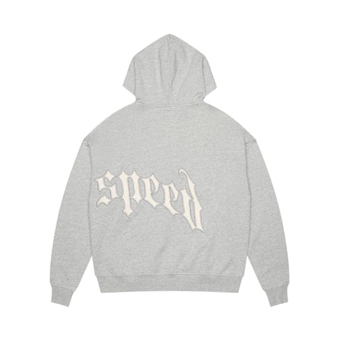 Gray hoodie with 'speed' text on the back against a light gray background