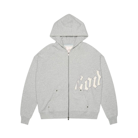 Gray hoodie with a logo on a light gray background
