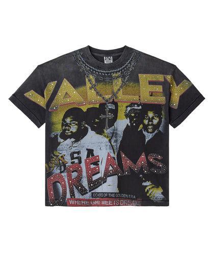 T-shirt with graphic design and text on a white background