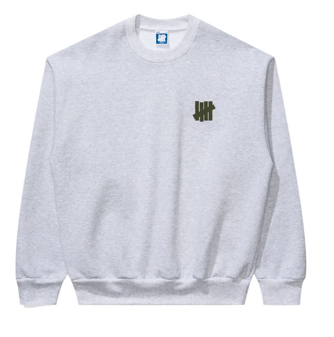 Gray sweatshirt with a logo on the chest against a white background