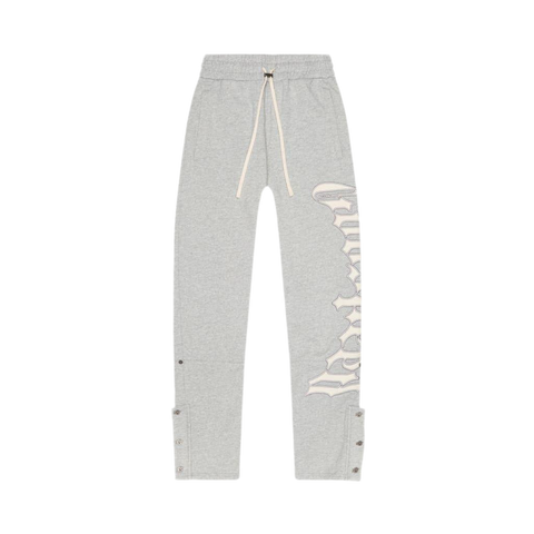 Gray sweatpants with a brand logo on a white background