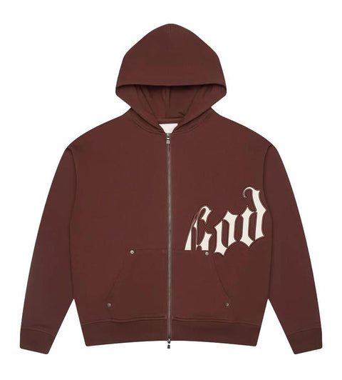 Brown hoodie with a white logo on a white background