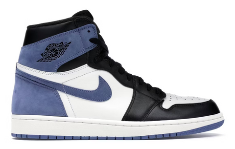 High-top sneaker with black, white, and blue color scheme on a white background