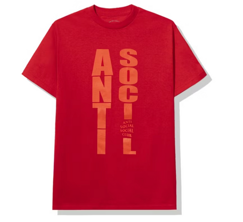 Red t-shirt with 'ANTI SOCIAL' text in orange on a white background