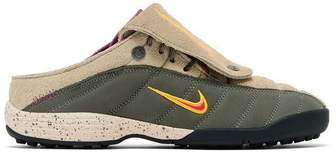 Green and beige shoe with a yellow nike swoosh logo on a white background