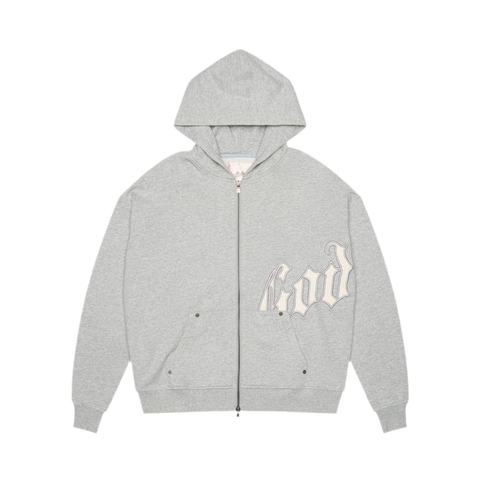 Gray hoodie with 'GOD' text on a white background