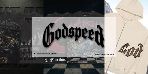 Black t-shirt with 'Godspeed' design and beige hoodie with similar design, on a checkered floor.
