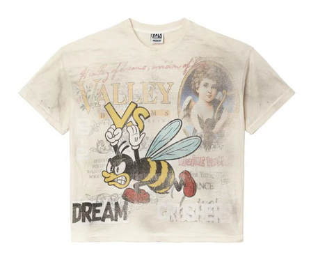 Beige t-shirt with cartoon bee design and text on a white background