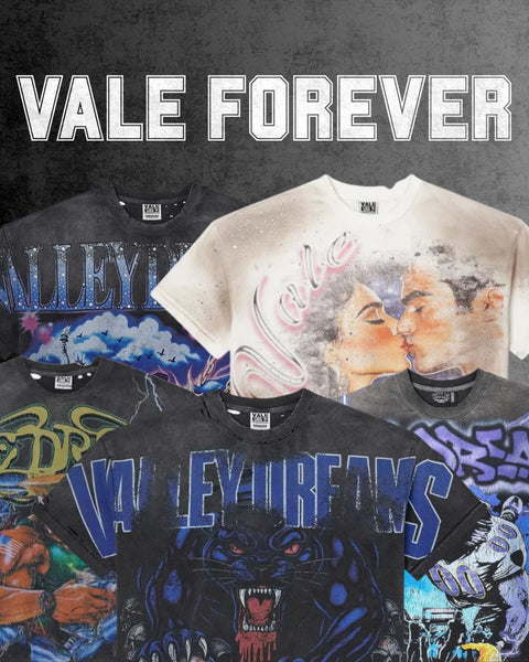 Collection of graphic t-shirts with various designs and 'Vale Forever' text on a dark background.