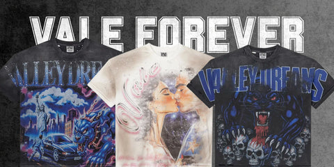 Three t-shirts with 'Vale Forever' graphic design on a dark background