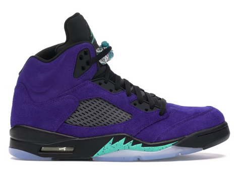 Purple high-top sneaker with black and teal accents on a white background