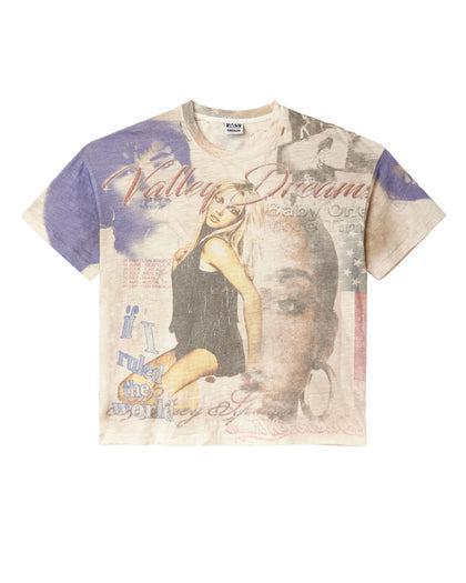 T-shirt with graphic design featuring a woman and text on a white background