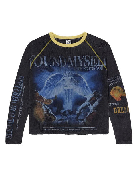 Long-sleeve shirt with graphic design and text on a white background