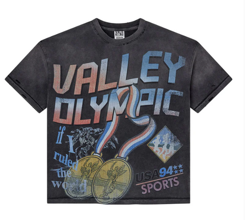 Black t-shirt with 'Valley Olympic' graphic design on a white background