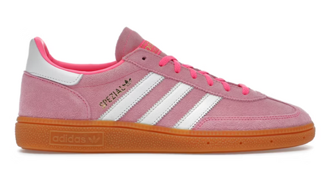 Pink Adidas sneaker with white stripes on a white background