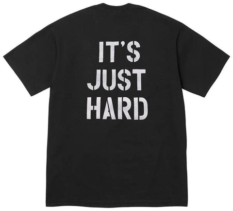 Black t-shirt with 'IT'S JUST HARD' text on the back against a white background