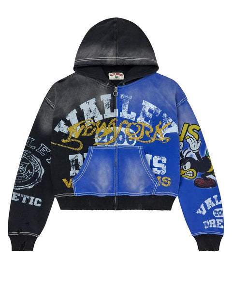 Multicolored hoodie with text and graphics on a white background