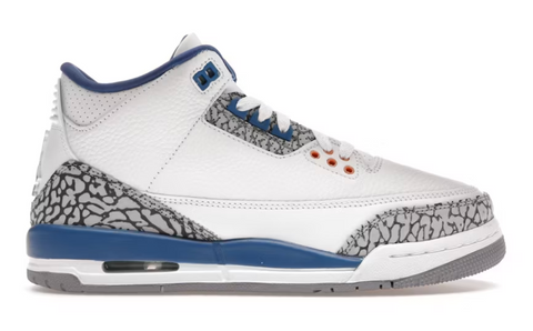 White sneaker with gray and blue accents on a white background