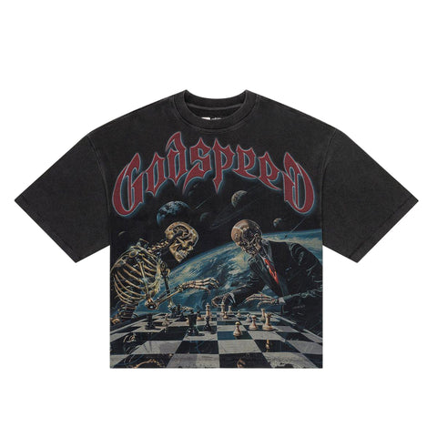 Black t-shirt with 'Godspeed' graphic design featuring skeletons playing chess on a white background