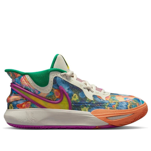 Colorful sneaker with a tie-dye pattern on a white background
