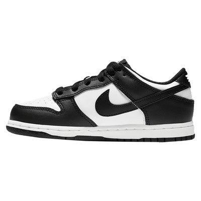 Black and white sneaker with a logo on a white background